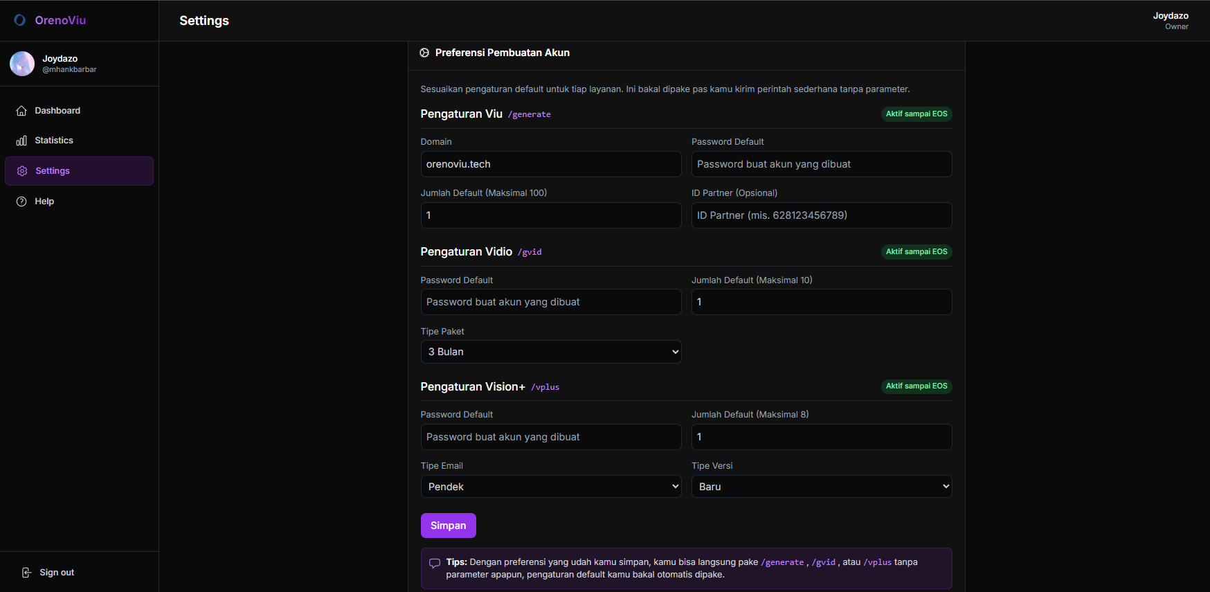 Settings Dashboard
